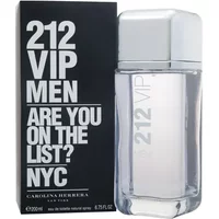 Silver Carolina Herrera 212 VIP Men Eau De Toilette bottle with sleek cap, next to black box with bold white text.