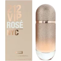 Carolina Herrera 212 VIP Rose Elixir perfume, 80ml, pink gradient bottle with metallic cap, beside matching box.