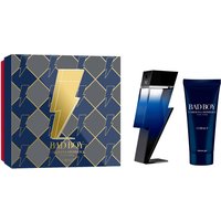 Carolina Herrera Bad Boy Cobalt Gift Set with blue lightning bolt bottle and matching shower gel tube.