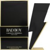 Black lightning bolt-shaped Carolina Herrera Bad Boy Eau de Toilette 100ml bottle with gold accents.