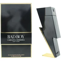 Black lightning bolt-shaped Carolina Herrera Bad Boy Eau De Toilette bottle with gold accents, 100ml.