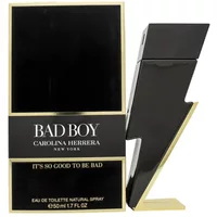 Black lightning bolt-shaped Carolina Herrera Bad Boy Eau De Toilette bottle, 50ml, with gold accents.
