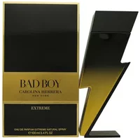 Carolina Herrera Bad Boy Extreme Eau De Parfum 100ml in a black and gold lightning bolt-shaped bottle with matching box.