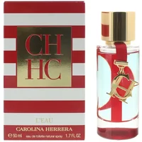 Carolina Herrera CH L'Eau 50ml bottle with red ribbon and gold cap, next to striped red and white box.