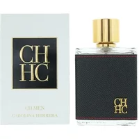 Carolina Herrera CH Men Eau De Toilette 100ml, clear bottle with black textured wrap and gold cap, box included.