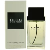 Carolina Herrera Chic For Men Eau De Toilette 100ml, clear bottle with black cap, white box with black label.