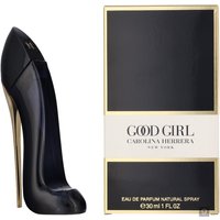 Black stiletto-shaped Carolina Herrera Good Girl Eau de Parfum 30ml with gold heel, next to gold-accented box.