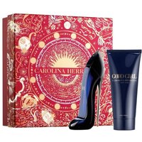 Carolina Herrera Good Girl gift set with stiletto-shaped EDP bottle and navy body lotion tube, ornate red box.