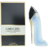 Carolina Herrera Good Girl Hair Mist 30ml, stiletto-shaped bottle with black and gold accents, next to black box.