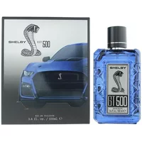 "Blue Carroll Shelby GT500 Eau De Toilette 100ml bottle with black cap and GT500 logo, next to matching box"