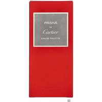 Red rectangular box of Cartier Pasha De Cartier Eau de Toilette with gray label and white text, 100 ml size.