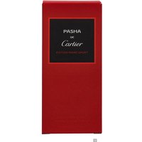 Red rectangular box of Cartier Pasha Edition Noire Sport Eau de Toilette with black label and white text.