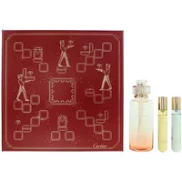 Cartier Rivieres Discovery Set with red box, 100ml pink bottle, and two 10ml gold-capped bottles.