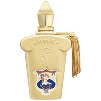 Gold Casamorati Fiore d'Ulivo perfume bottle with ornate cap, embossed logo, and decorative tassel.