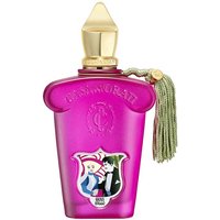 Pink Casamorati Gran Ballo perfume bottle with gold cap, tassel, and vintage couple illustration.