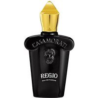 Black Casamorati Regio Eau de Parfum bottle, gold cap, embossed logo, 30 ml unisex spicy fragrance.