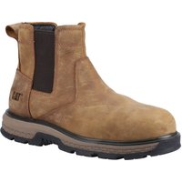 Brown Caterpillar Chelsea safety boot with slip-on design, black elastic side panels, and rugged black sole.