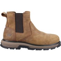 Brown Caterpillar Chelsea safety boot, slip-on style with elastic side panels and rugged sole, size 7.