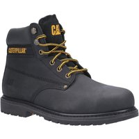 Black Caterpillar Powerplant safety boot, size 9, with yellow laces and logo, rugged sole, ankle-high design.