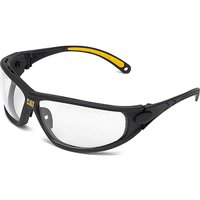 Caterpillar Tread Protective Safety Glasses, black frame, clear lenses, yellow accents on temples.