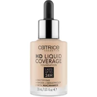 Beige Catrice HD Liquid Coverage Foundation bottle with dropper, black cap, and 24H wear label.
