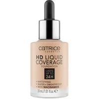 Catrice HD Liquid Coverage Foundation 030 Sand Beige in glass bottle with dropper, matte finish, 24-hour wear.