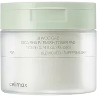 CELIMAX Ji Woo Gae Cica BHA Blemish Toner Pads in a clear jar with a pale green lid, 60 count.