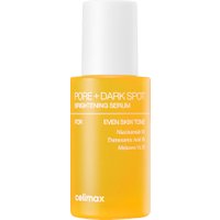 Bright yellow CELIMAX serum bottle with white cap, labeled "Pore+Dark Spot Brightening Serum" in white text.