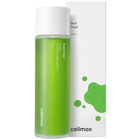Green Celimax The Real Noni Moisture Balancing Toner bottle with white cap, next to matching box with green splash design.