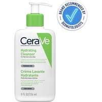 CeraVe Hydrating Cleanser 236ml bottle with green pump, white label, and blue dermatology recommendation seal.