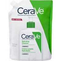 CeraVe Hydrating Cleanser Refill 473ml in a green and white pouch with a spout, featuring CeraVe logo and text.