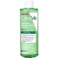 CeraVe Hydrating Micellar Water 400ml in a clear green bottle with white cap and label detailing hyaluronic acid.