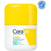 CeraVe Invisible Dry Touch Fluid Sunscreen SPF 50+, white bottle with yellow cap, 50ml, dermatologically recommended.