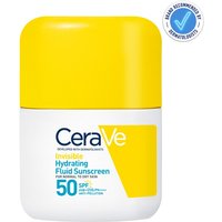 CeraVe Invisible Hydrating Fluid Sunscreen SPF 50, 50ml, white bottle with yellow cap and blue text.
