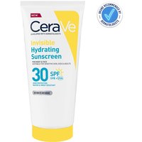 CeraVe Invisible Hydrating Sunscreen SPF 30, 177ml white tube with yellow accents and blue dermatologist seal.