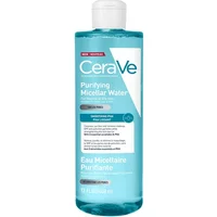CeraVe Purifying Micellar Water 400ml, clear blue bottle with white cap and label featuring brand logo and product details.