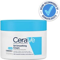 CeraVe SA Smoothing Cream 340g in a white jar with a blue lid and label, featuring a dermatologist recommended badge.