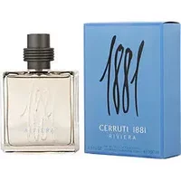 Cerruti 1881 Pour Homme Riviera Eau De Toilette, clear square bottle, black cap, blue box with bold "1881" text.