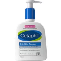 Cetaphil Oily Skin Cleanser 473ml with blue pump, white bottle, and green-blue logo.
