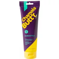 Purple and yellow Chamois Butt'r Eurostyle tube, 235ml, with teal accents and flip-top cap.