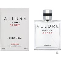 Chanel Allure Homme Sport cologne, clear square bottle with silver cap, next to white box with black and red text.