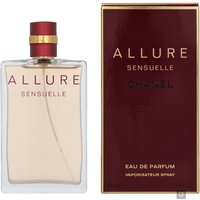 Chanel Allure Sensuelle Eau de Parfum 100ml, clear rectangular bottle with gold cap, burgundy box with gold text.