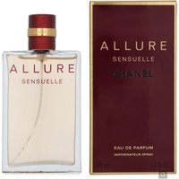 Chanel Allure Sensuelle Eau de Parfum 50ml, clear glass bottle with red cap, gold accents, beside matching red box.