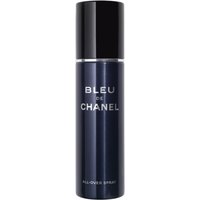 Dark blue cylindrical spray bottle with black cap, labeled "Bleu De Chanel" in white text.