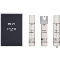 Chanel Bleu De Chanel gift set with three clear spray bottles and a dark blue box with white text.