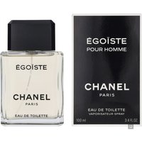Chanel Egoiste Pour Homme Eau de Toilette Spray 100ml, clear glass bottle with black cap, black box with white text.