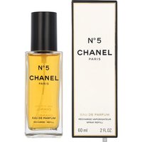 Chanel No 5 Eau de Parfum Spray 60ml, clear glass bottle with black cap, gold liquid, next to white box with black text.
