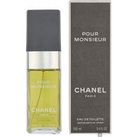 Chanel Pour Monsieur Eau de Toilette Spray 100ml, clear bottle with black cap, next to matching gray box.