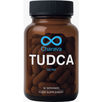 Charava TUDCA supplement bottle, amber with black cap, blue logo, white text, 500 mg, 30 servings.