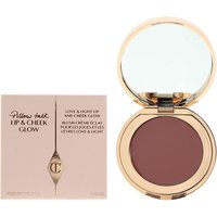 Charlotte Tilbury compact with mirror, rosy pink lip and cheek cream, gold trim, next to matching branded box.